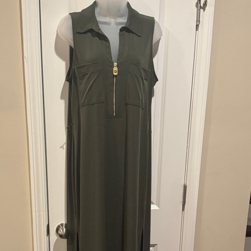 Michael Kors Sleeveless Olive Green Zip-Up Dress - Large